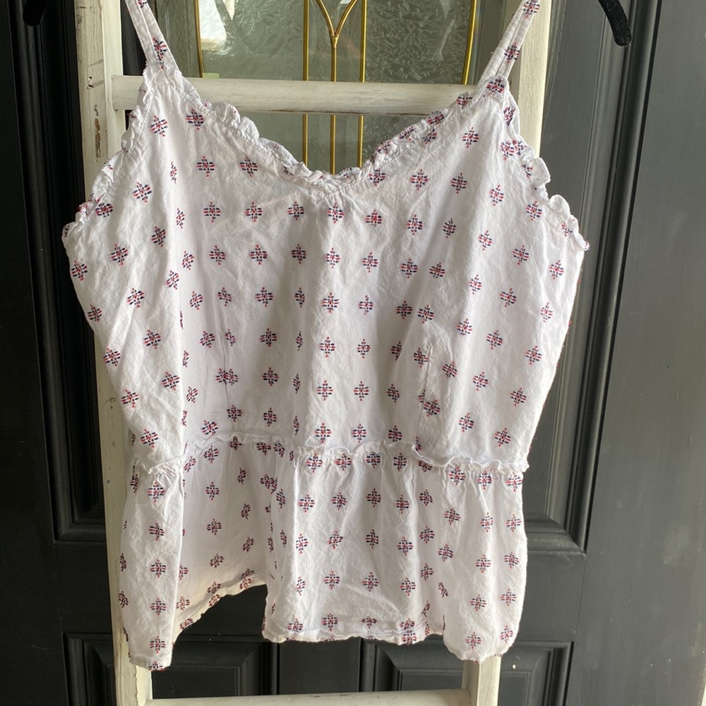white summer tank with red and blue design